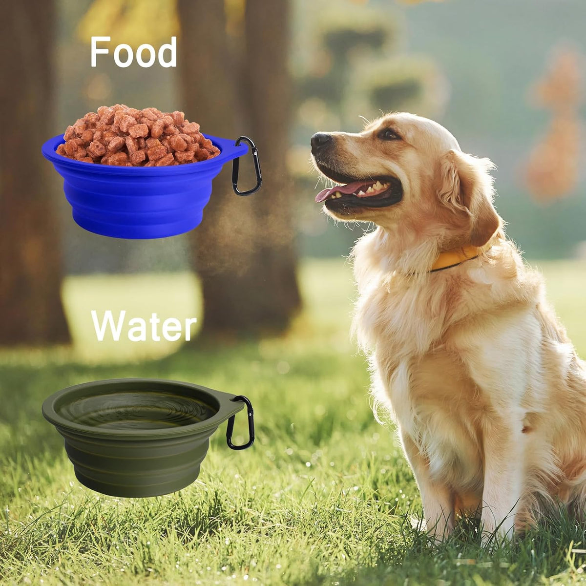 2-Pack Silicone Collapsible Dog Bowls, BPA Free Dishwasher Safe, Portable Foldable Expandable Travel Bowl, Food Water Feeding Cup Dish for Dogs Cats with 2 Carabiners (Army Green, Blue)