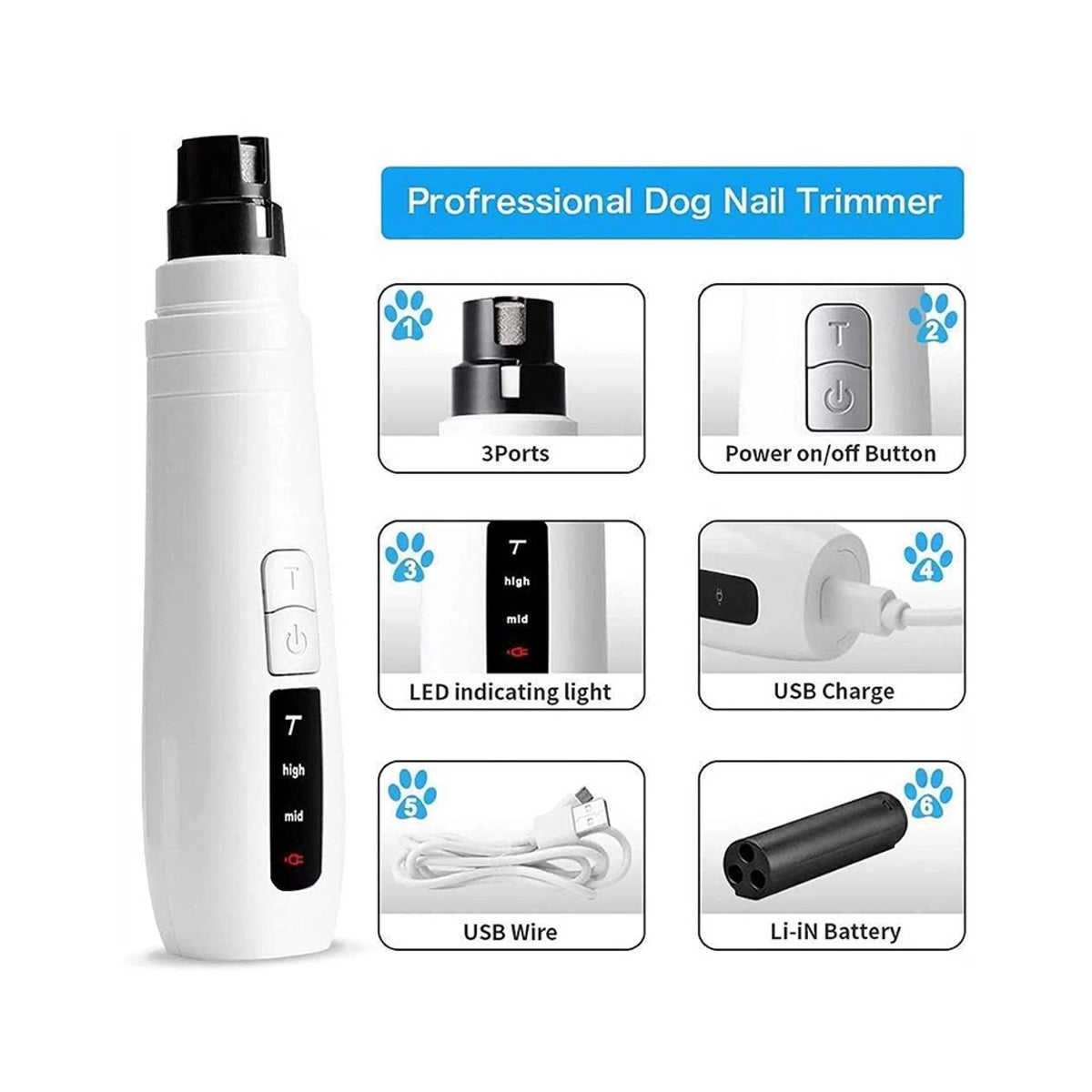 Pet Nail Grinder Turbo USB Rechargeable Dog Cat Claw Filer