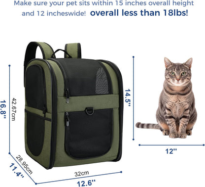 Dog & Cat Carrier Backpack for 4-15Lb Pets - Ventilated Safe Design with Padded Back Support, Breathable Mesh Pet Backpack for Hiking, Travel, Outdoor (Green)