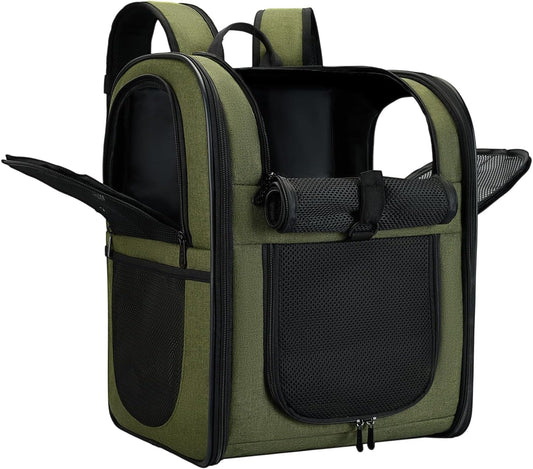 Dog & Cat Carrier Backpack for 4-15Lb Pets - Ventilated Safe Design with Padded Back Support, Breathable Mesh Pet Backpack for Hiking, Travel, Outdoor (Green)